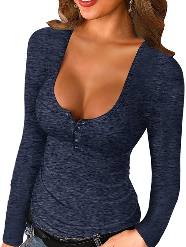 Solid Color Square Collar Low Cut Long Sleeve T-Shirt