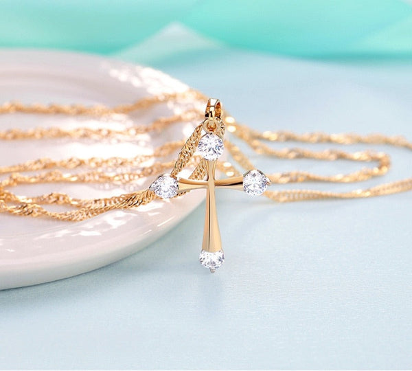 Simple CZ Gold Color Cross Pendant Necklace